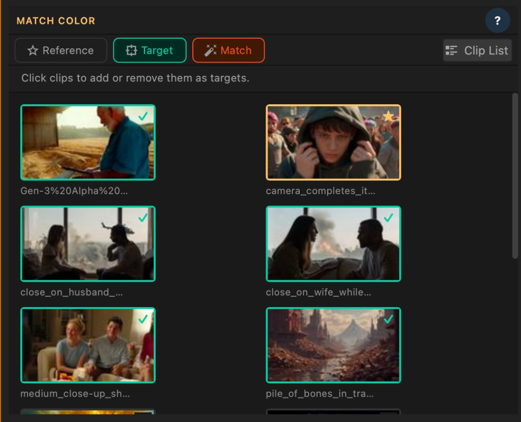 Match Color: target clips selected with teal borders and checks