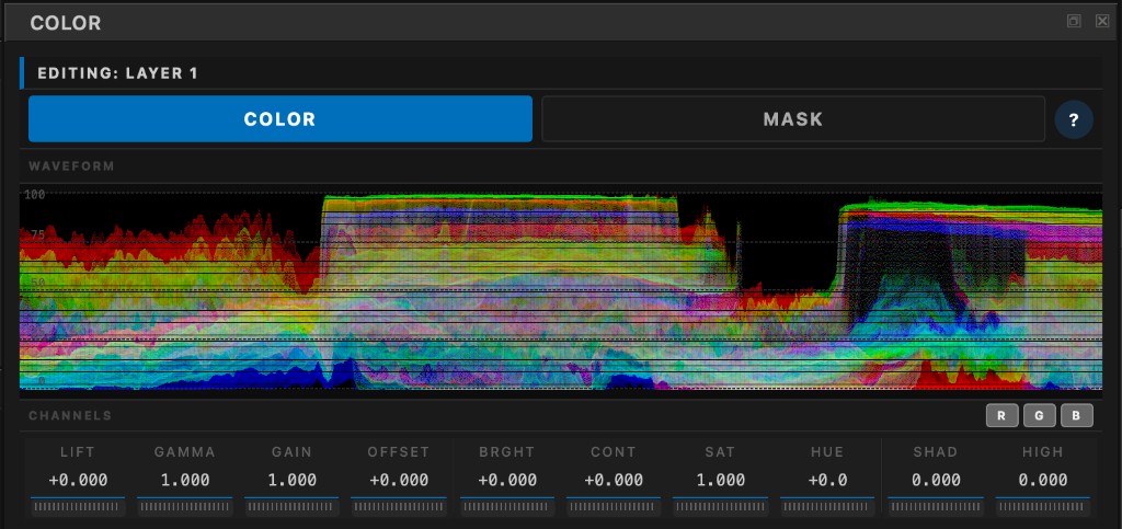 Transduce Color panel showing waveform monitor and Lift, Gamma, Gain, Offset, Brightness, Contrast, Saturation, Hue, Shadow, and Highlight controls while editing Layer 1